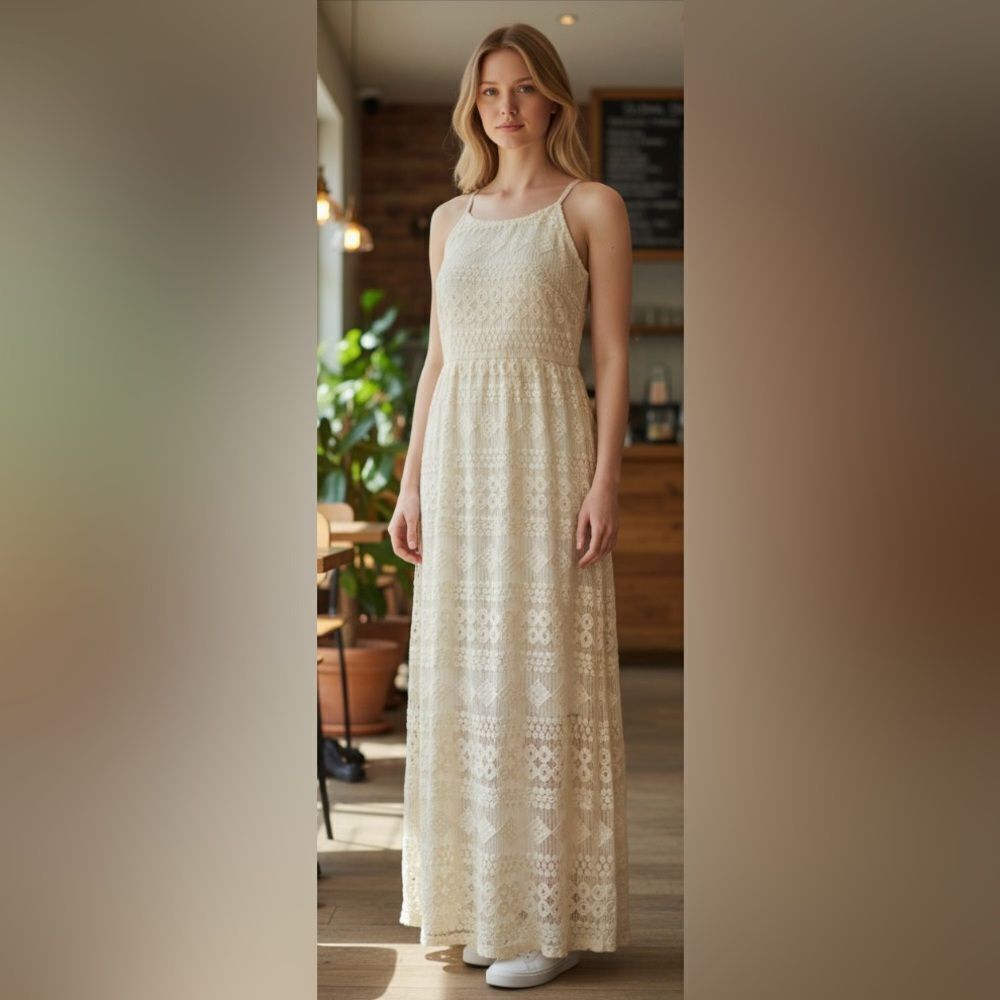Impressions, full length lacy dress with liner/slip, medium